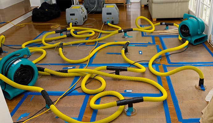yellow pipes blue air movers water damage restoration equipment